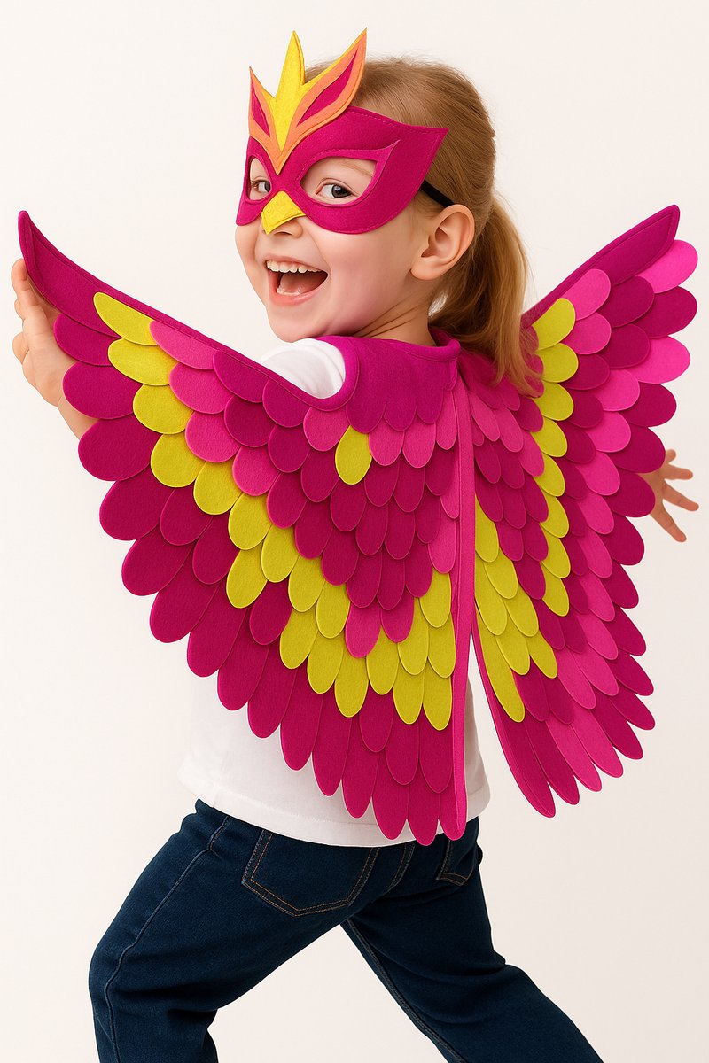 Joya Kids® Vogel Verkleedcape en Masker Fluo Roze en Geel | Cape met Masker van Vilt | Vilten Verkleedset | Verkleden Paradijsvogel | Meisje en Jongen Verkleedkleding | Cape Set | Carnaval en Halloween Outfit Kinderen — afbeelding 5