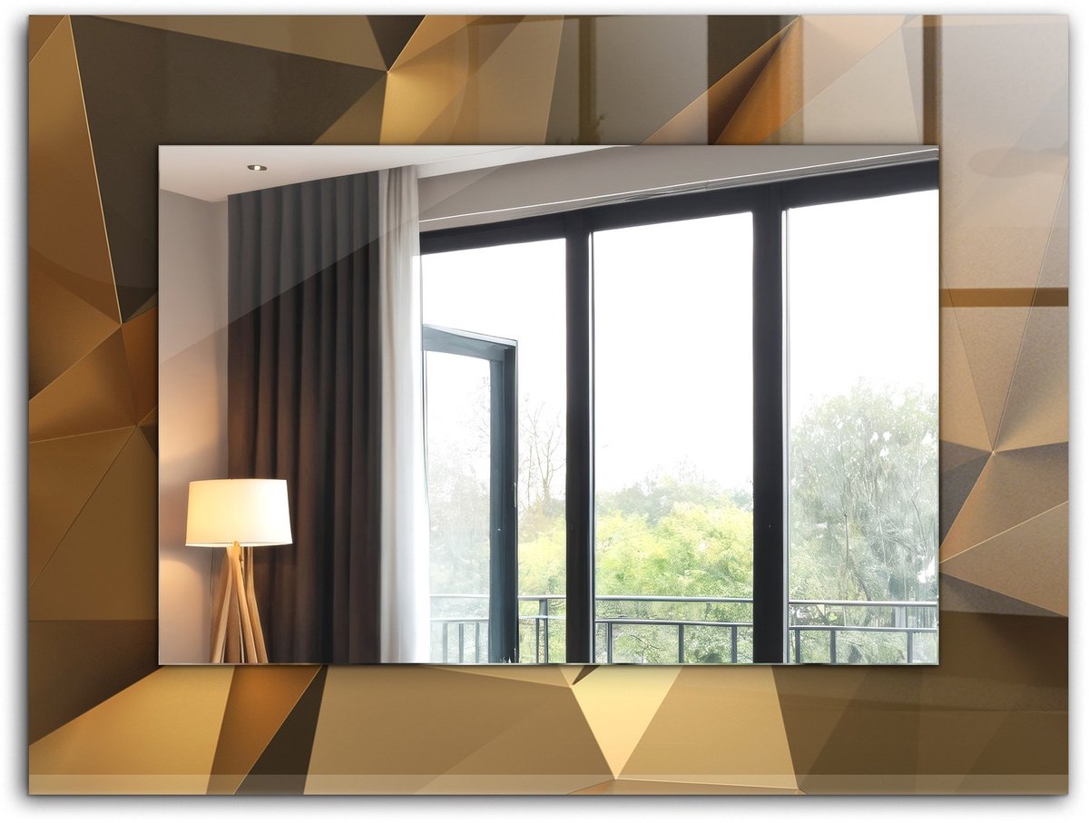 Tulup Spiegel - Veiligheidsglas - Vierkante Spiegel - Bruine geometrische vormen - 80 x 60 cm - Spiegel met decoratief motief - Inloopkastspiegel – Badkamerspiegel - Toiletspiegel - Make-up Spiegel - Wanddecoratie Spiegel - Montageset
