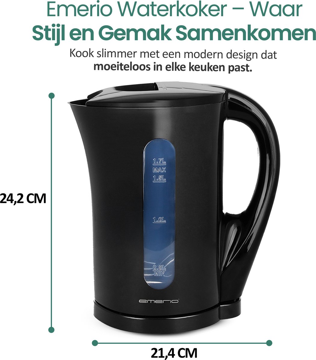 Emerio Waterkoker 1.7 Liter - Oververhittingsbeveiliging - Automatische Uitschakeling - Water niveau indicator - Elektrische Waterkoker 2200W - WK-123483 - Zwart — afbeelding 5