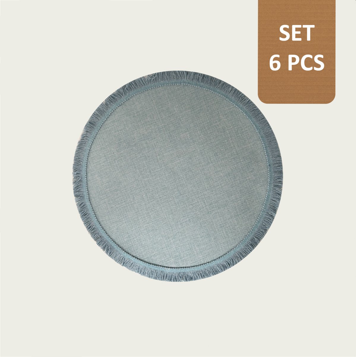 Arca TONDA - Placemats - Rond 39cm - Set van 6 - denim - met franjes aan de boord in dezelfde kleur - polyester - makkelijk in onderhoud