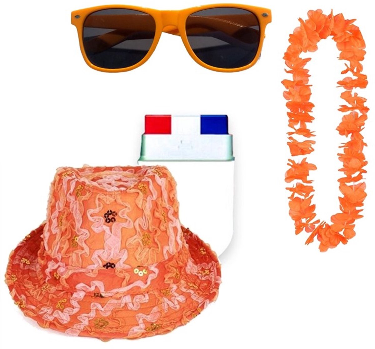 Oranje verkleed set koningsdag set hoed -bril - krans en schmink - 4 delig.