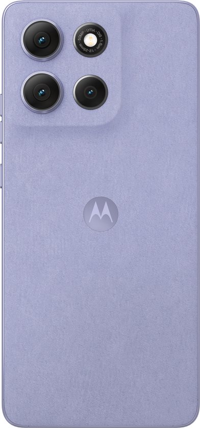 Achterkant van de Motorola moto g 86 5G in Cosmic Sky (lila), met dubbele camera.