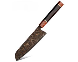 KAAMUT® Santokumes 18 cm 37 Lagen Zwart Damascusstaal met Koper – Vlijmscherp – Professioneel Koksmes – Massief Houten Handvat