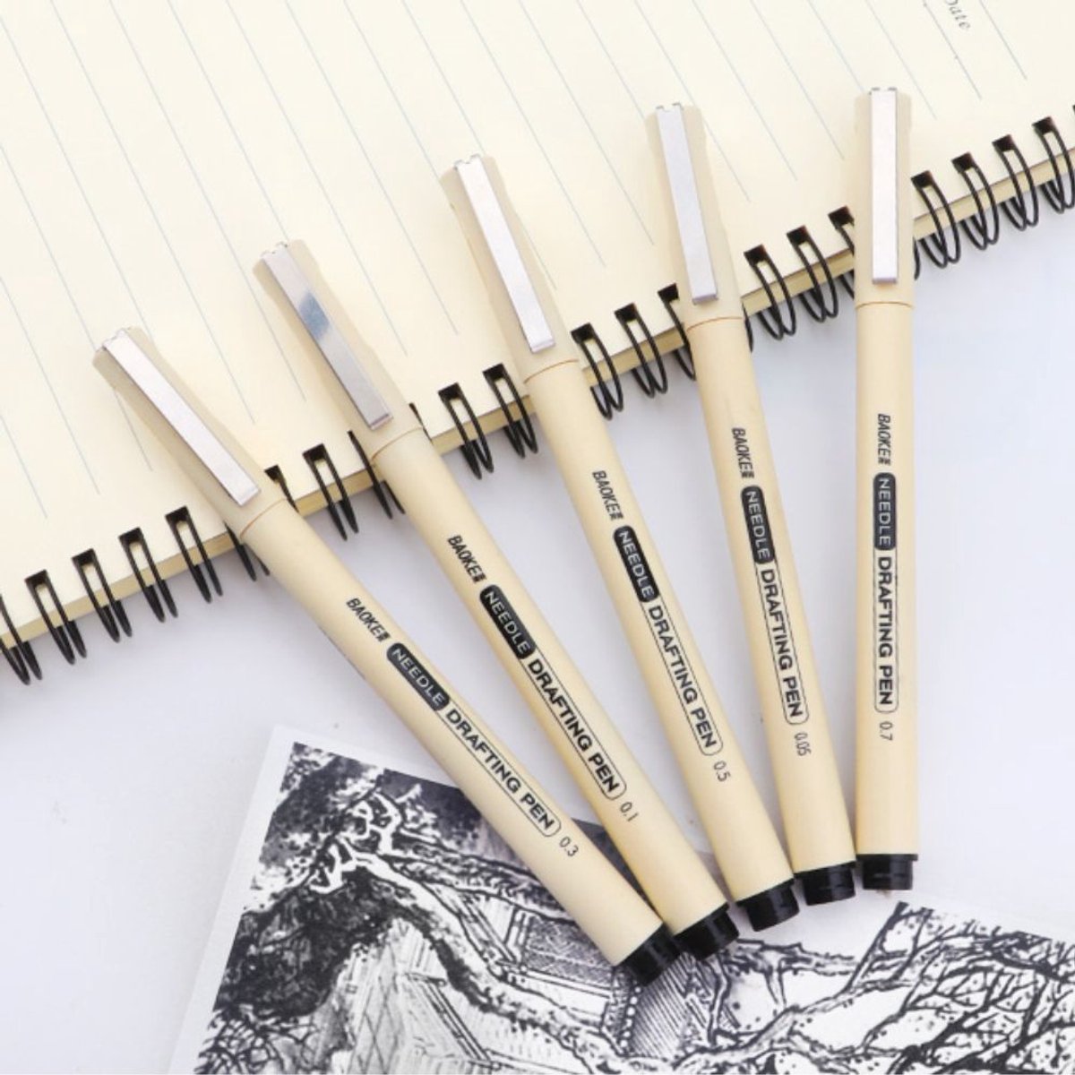 Ainy - Micro Fineliners Vijf watervast - set van 5 zwart fineliner | fine liner kawaii manga / anime tekenen op schetsboek | bullet journal | handlettering | Pigment liner penselen | calligraphy pennen — afbeelding 12