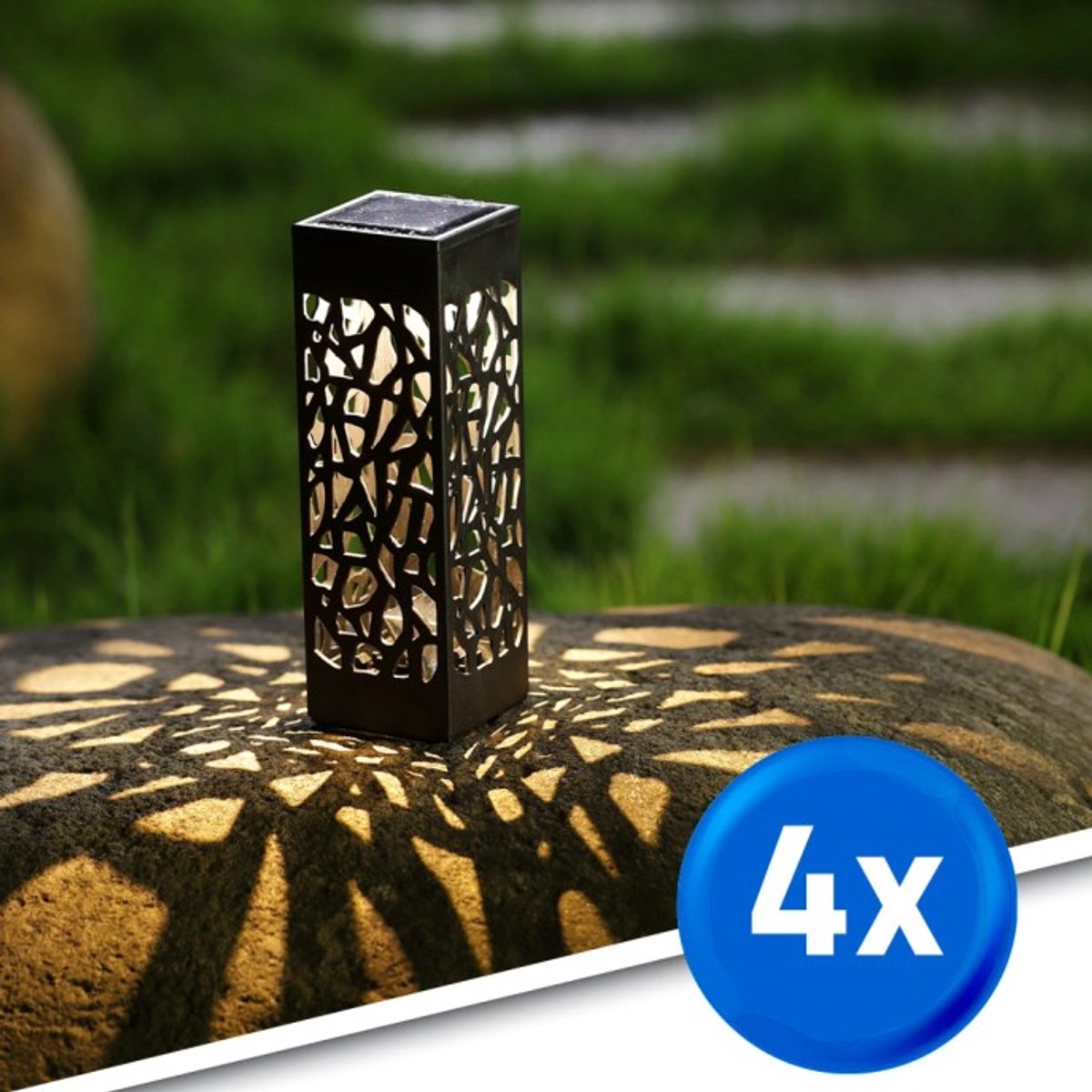 Solar tuinverlichting pad 'Bogey' - Voordeelset van 4 - Buitenlamp - Tuinverlichting op zonne-energie - Warm wit licht - Zwart