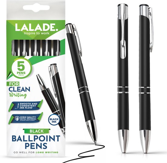 Verpakking met 5 zwarte LALADE balpennen met zilverkleurige clip en details, zwarte inkt.