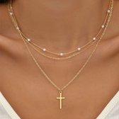 2-delige Parel Ketting met Kruis Hanger - Dames Goudkleurige Halsketting - Verstelbaar - Perfect voor Feestjes, School, Dagelijks Gebruik - Cadeautip Moederdag