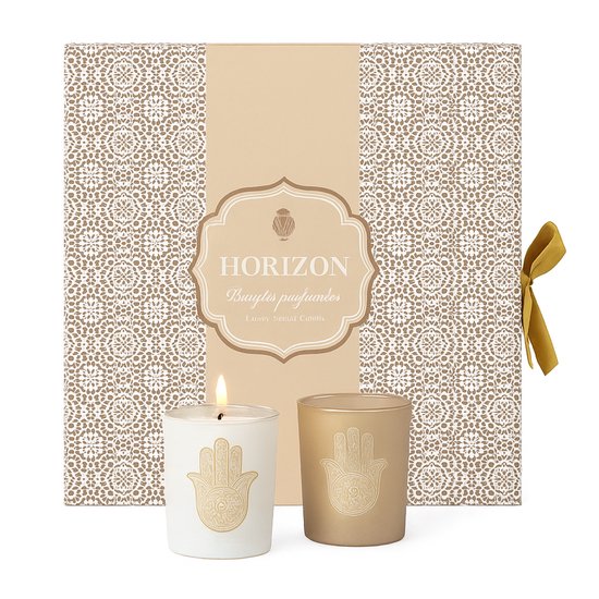 Luxe Geurkaarsenset met Hamsa Design – 7 Stuks – Rose, Oud & Musk Geuren – Decoratieve Kaarsen in Cadeaubox – Spirituele Sfeerkaarsen voor Ontspanning of Geschenk – Beige/Wit