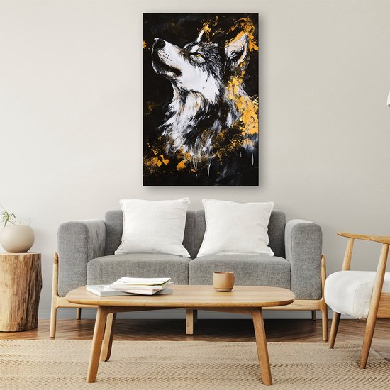 Loup noir et blanc à reflets dorés - Peinture sur verre représentant un loup - Décoration murale animalière en verre - Expressionnisme - Art sur acrylique - Décoration murale pour chambre d'enfant - Verre acrylique 70 x 105 cm