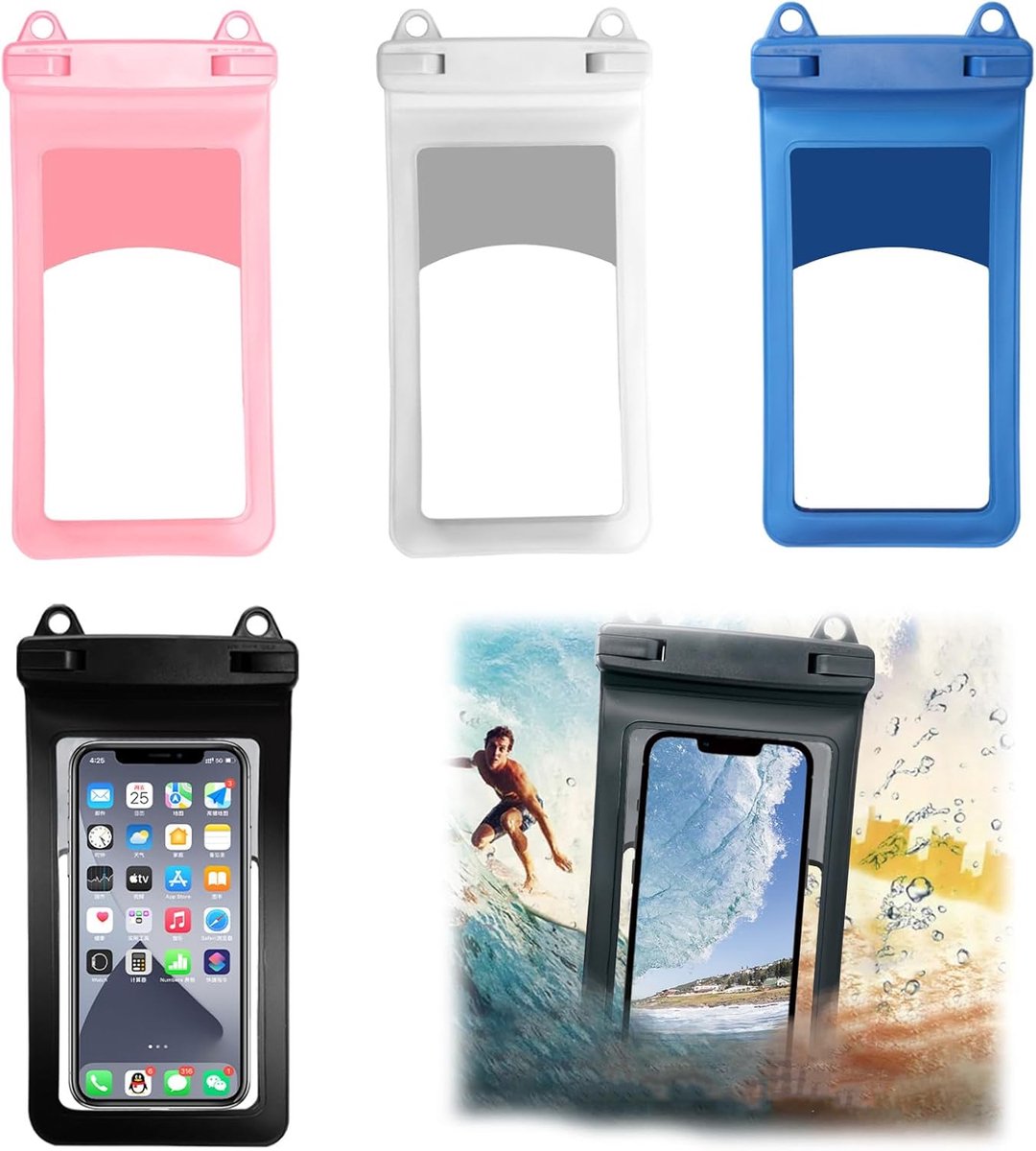 Waterdichte telefoonhoesjes - 4 stuks - Telefoon tot 7.5 inch - Waterdicht Telefoonhoesje Drijvend - Dry Bag Onderwater Hoesje - Drijvend - Universeel - Zwart/grijs/blauw/roze