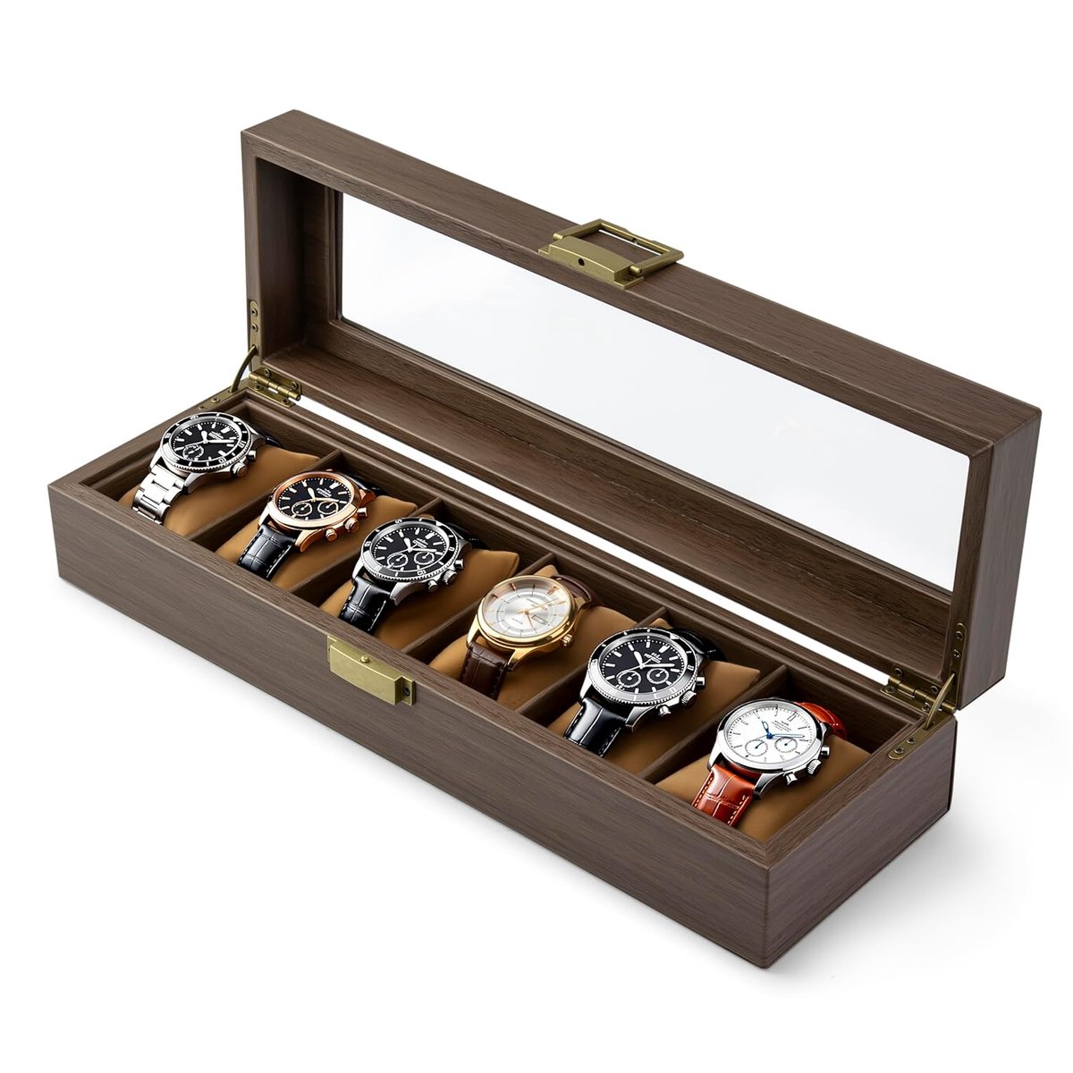 Houten horlogedoos met glazen deksel - horloge organizer - 5 vakken
