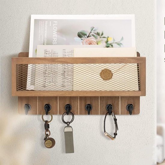 Sleutelrek met plank en 6 haken - vintage wandrek - voor entree en hal