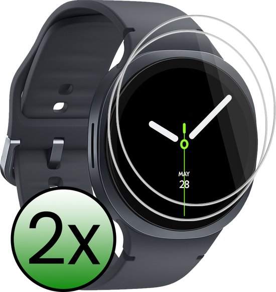 Een donkergrijze smartwatch met twee transparante screenprotectors op het scherm. Een groene cirkel met "2x" geeft aan dat het om twee screenprotectors gaat.