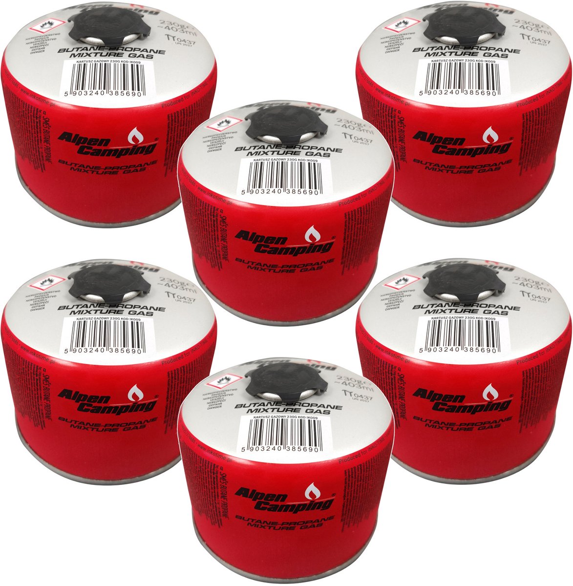 Alpen Camping - 6 stuks Gaspatroon 230g - certificaat: Pi 0656 - Propaan-Butaan, bereik -10°C tot + 40°C, 7/16" draadventiel IK009