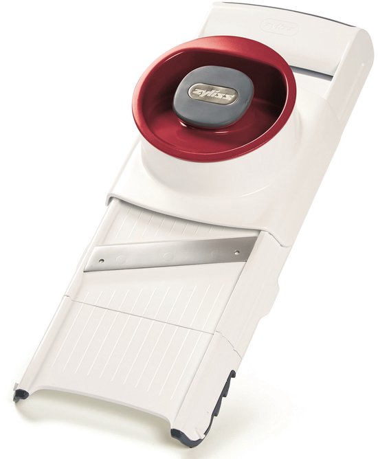 Mandoline râpe Zyliss 4-en-1 blanc avec détails rouges et gris, incluant un support de sécurité.