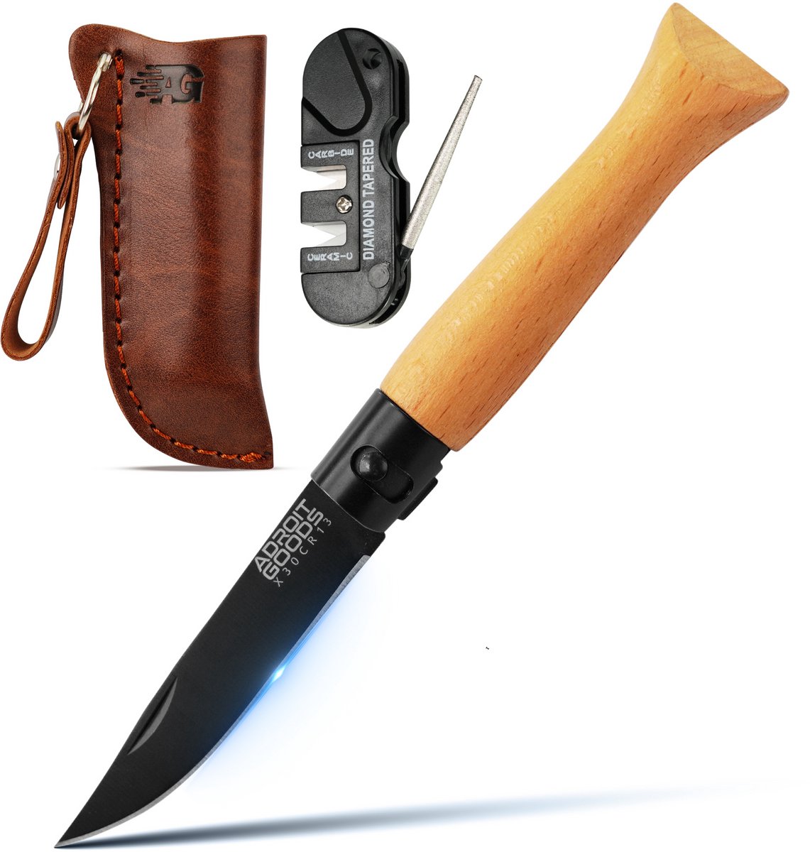 AdroitGoods Zakmes Met Veiligheidsring - X30Cr13 - Survival mes - Jachtmes - Staal en Beukenhout - Camping