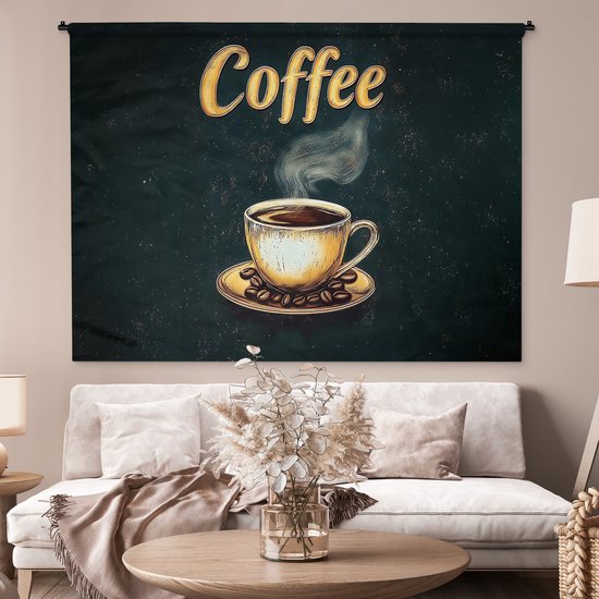 Tapisserie murale 180x135 cm - Toile murale Café - Soucoupe - Grains de café - Rétro - Tapisserie - Tapisseries