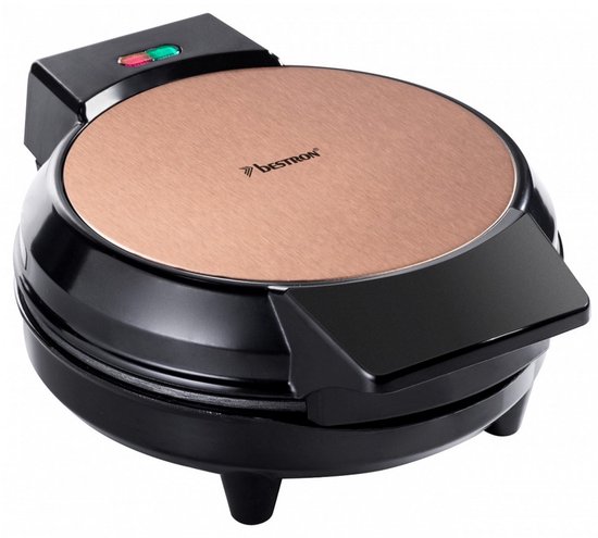 Gesloten Bestron wafelijzer met koperkleurige deksel en zwarte basis.