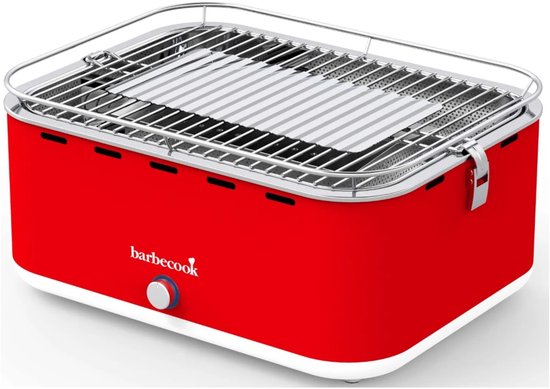 Rode Barbecook tafel BBQ met witte onderrand en zilverkleurig grillrooster.