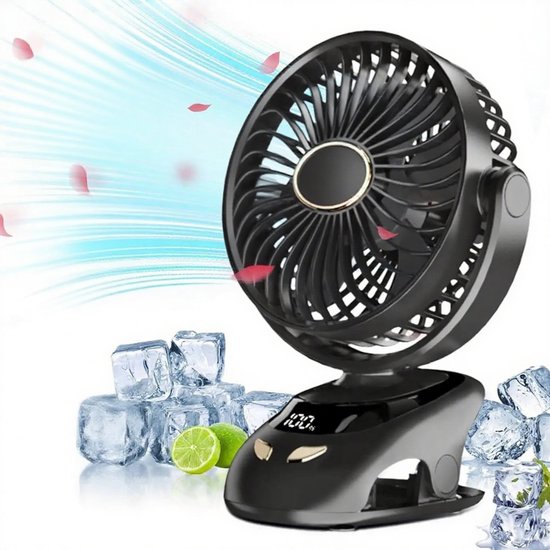 Kleine USB Clip-On Ventilator Draagbaar 6-inch Bladen 3-in-1 Oplaadbaar Nachtlampje Zwart