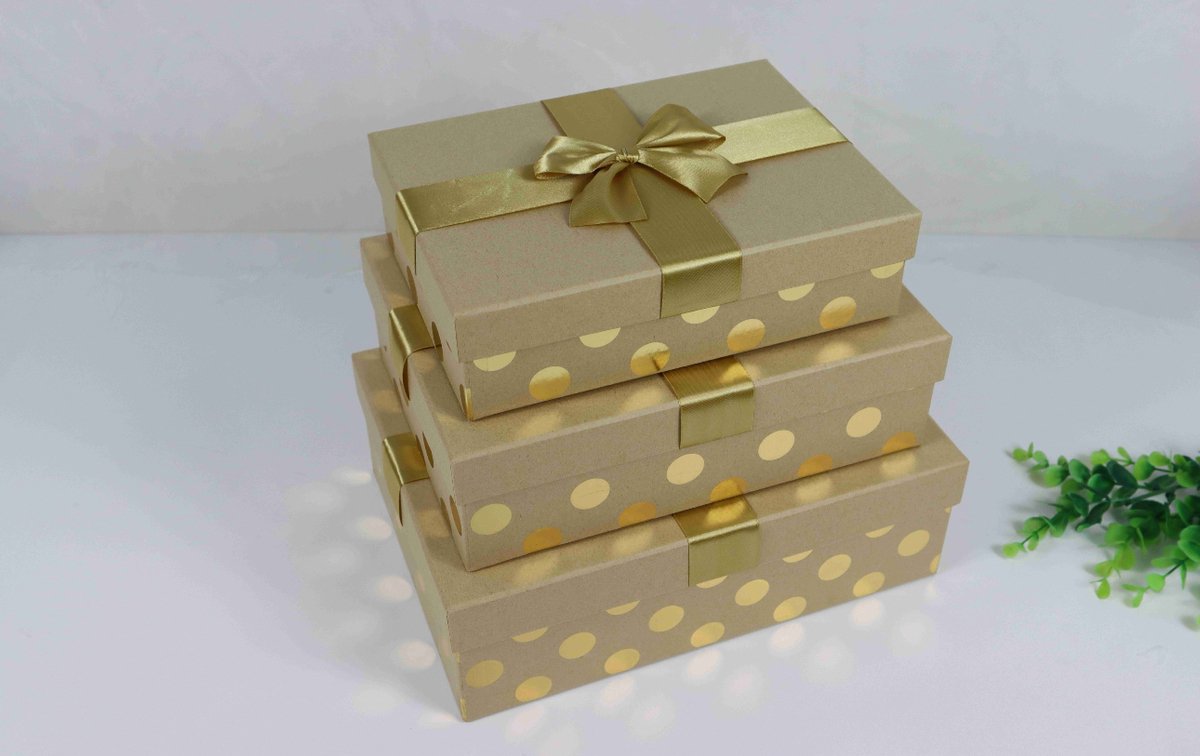 Luxe Rechthoek Doos met Deksel - Beige Met Gouden Stippen - M 26*19*8cm - Cadeaudoos - Geschenkdoos
