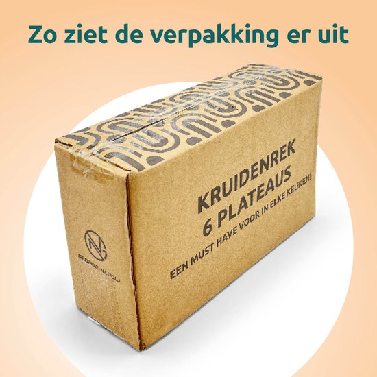 Een bruine kartonnen verpakking met de tekst 'Kruidenrek 6 Plateaus' erop, merk George Napoli.