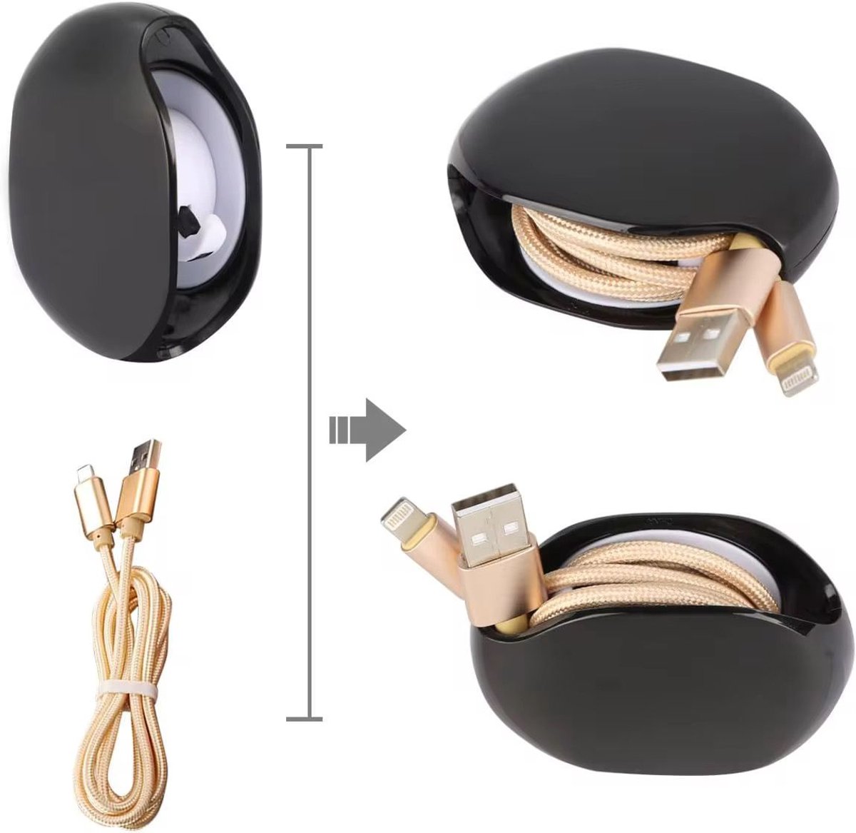 4x Kabel Organizer – 2 Zwart & 2 Wit – Anti-Knoop Kabelhouder voor Oplaadkabels, USB & Oortjes – Compact & Draagbaar