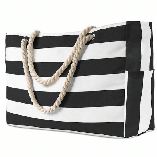 Sac de plage - Rayures Zwart | 52 x 34 x 15 cm | Toile / Polyester | Sac à bandoulière/Shopper | Mode Favorite