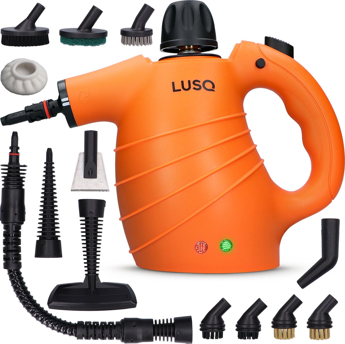LUSQ 16-in-1 Stoomreiniger - Handstoomreiniger - Handstomer - Vlekkenreiniger - Tapijtreiniger - Incl. 16 Opzetstukken - 1150 Watt - 450 ML - Orange