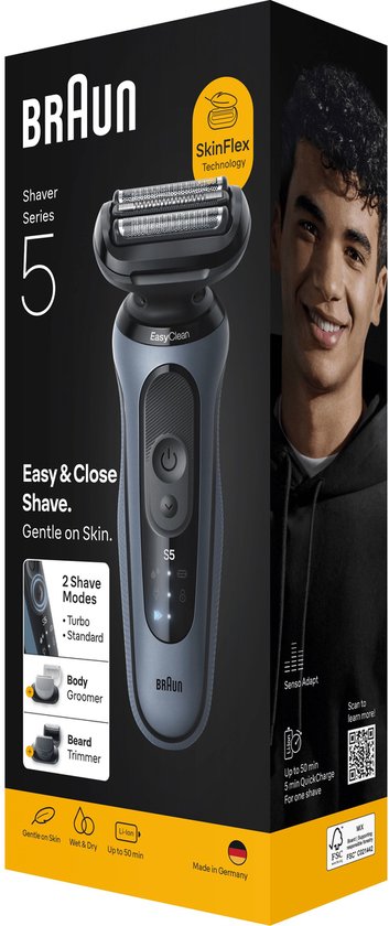 Rasoir Braun Série 5, bleu, avec boîte montrant un jeune homme. Caractéristiques : SkinFlex, 2 modes de rasage, tondeuse à barbe, tondeuse corporelle.