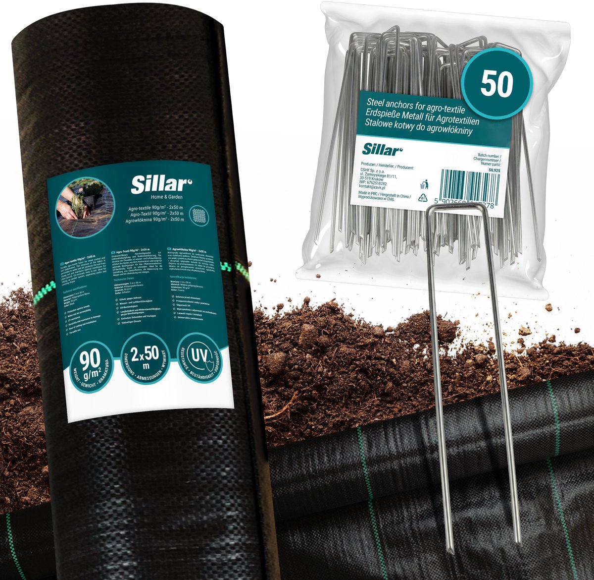 Sillar, onkruidfolie, tuinfolie, onkruidbestrijding, agrotextiel, plantenbescherming, duurzaam, UV-bestendig, agrotextiel om te snijden, universeel, 90 g/m2, 2 m x 50 m + foliepennen, roestvrij staal, 15 cm, 50 stuks.