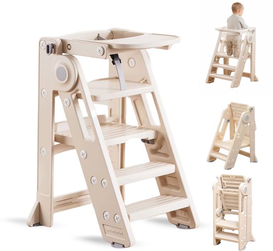 ComfyKidz 3-in-1 leertoren en kinderstoel – opvouwbaar – beige