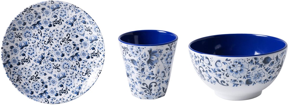 Heinen Delfts Blauw kampeer servies set bestaande uit dinerbord, kom en beker natuurlijk met Delfts Blauwe bloemen gemaakt van Melamine onbreekbaar dus!