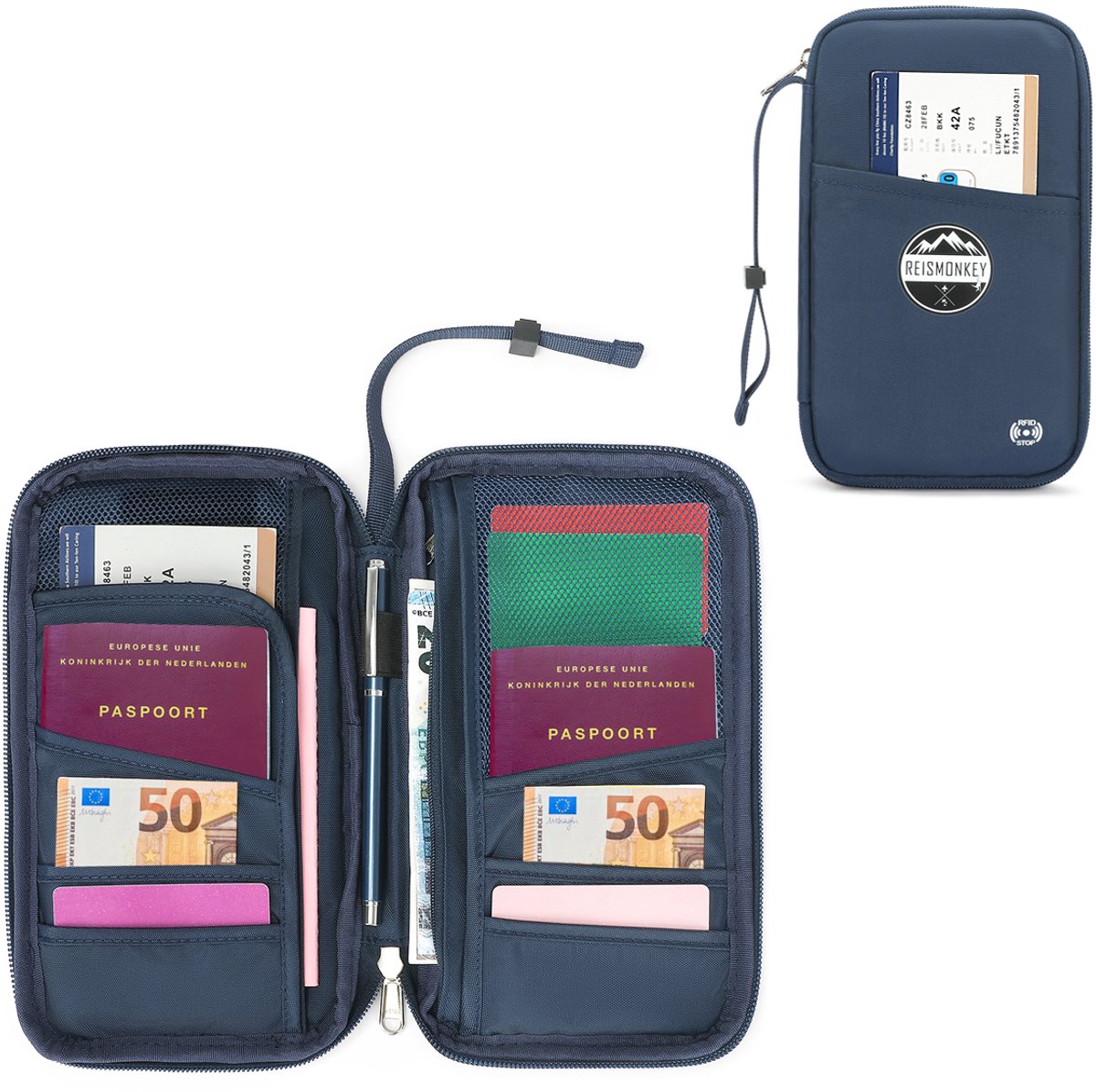 Reisportemonnee RFID - Reismonkey - Travel wallet voor 6 paspoorten - Waterafstotende familie paspoorthouder - Donkerblauw