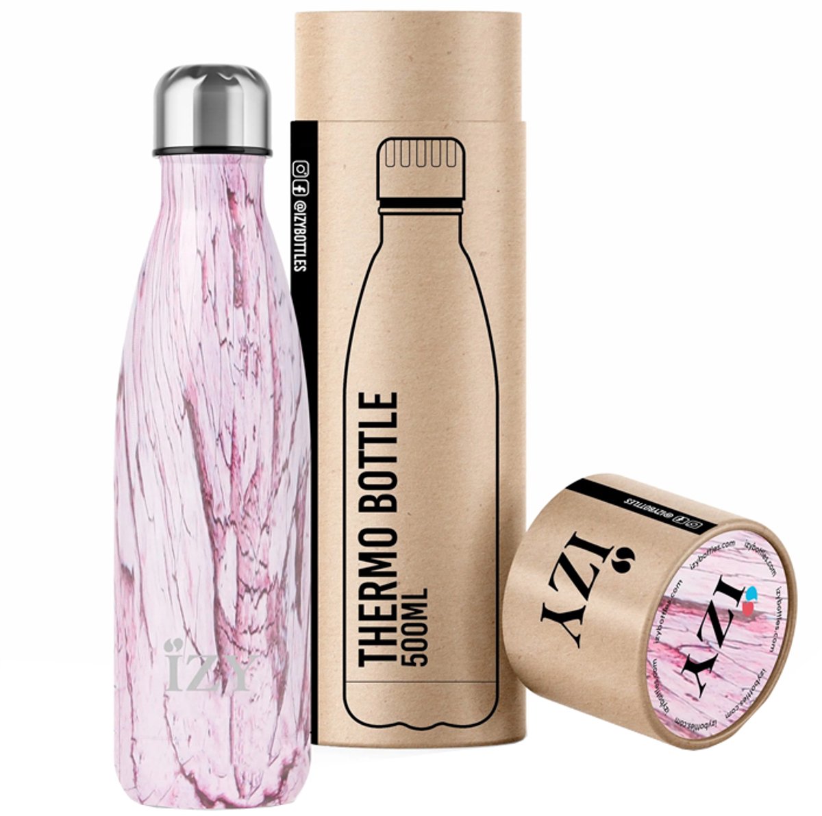 IZY Drinkfles - Prints - Design Roze - Inclusief donatie - Waterfles - Thermosbeker - RVS - 12 uur lang warm - 500 ml