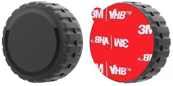 Twee ronde zwarte houders, één met een glad oppervlak, de ander met een rode 3M VHB plakstrip.