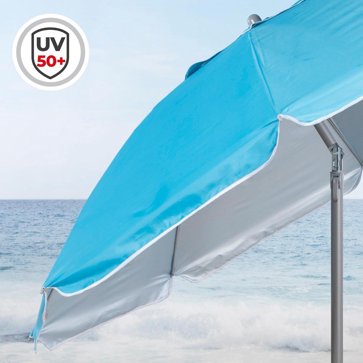 Blauwe opvouwbare winddichte strandparasol Ø200 met zilveren coating en UV 50 bescherming