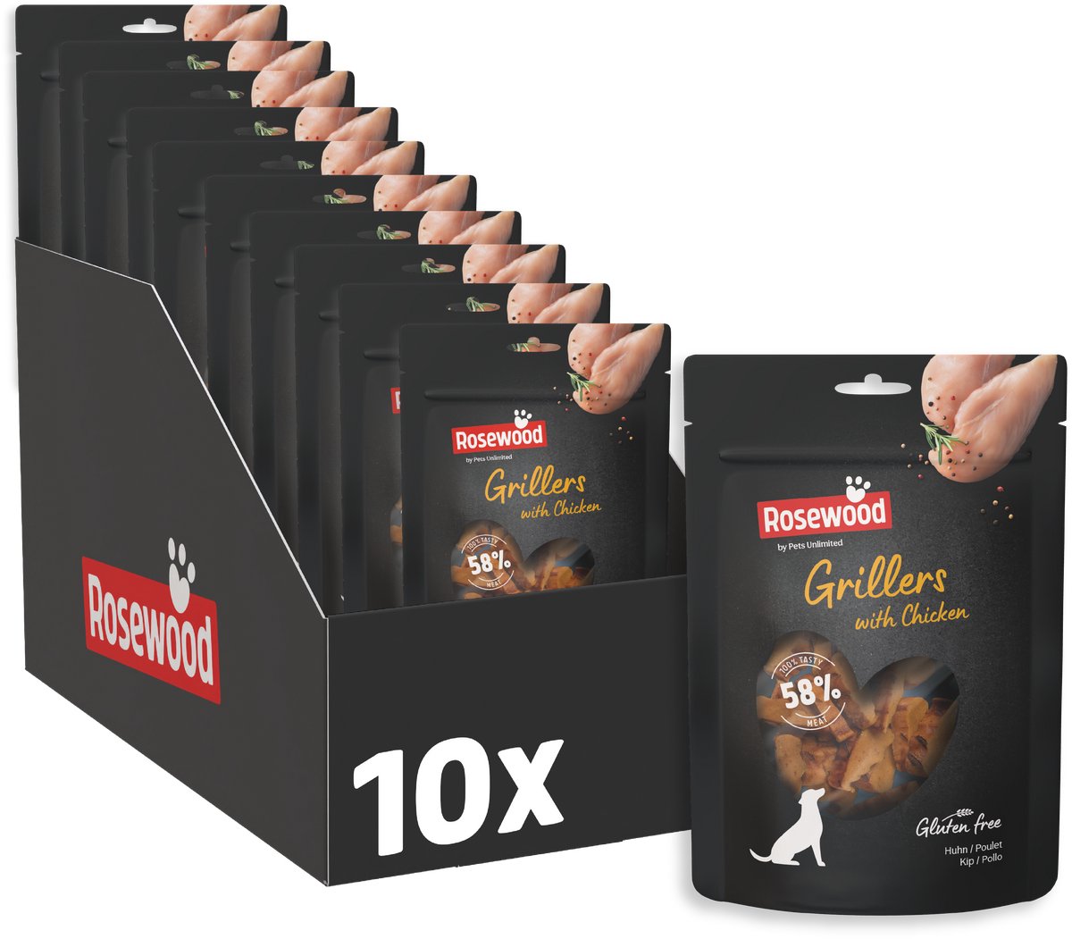 Rosewood Grillers Hondensnack Kip 10 x 100 g - Zachte Hondensnacks - 58% Kip - Natuurlijk