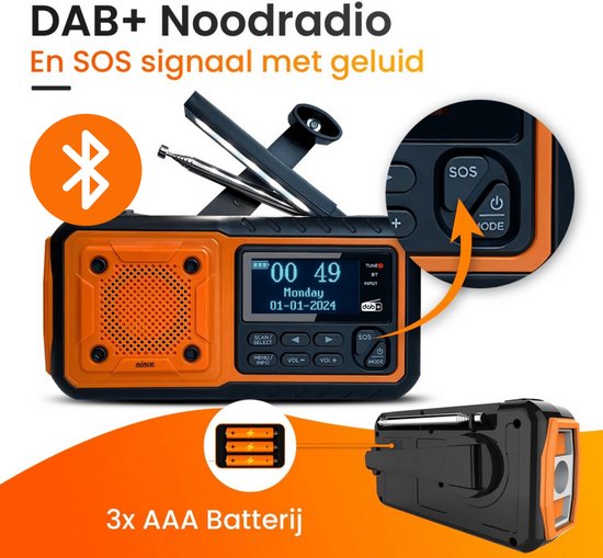 Nince Noodradio DAB+ Solar Opwindbaar - Draagbare Radio met Bluetooth - Powerbank & Zaklamp - Noodradio Op Batterijen en USB-C - Voor Noodsituaties & Kamperen