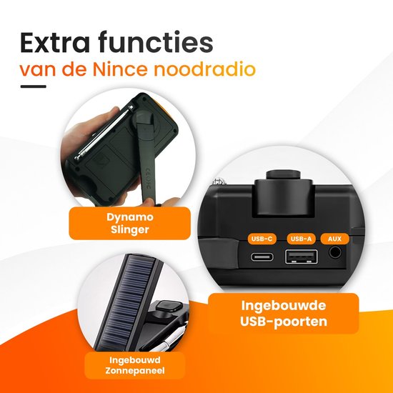 Nince Noodradio DAB+ Solar Opwindbaar - Draagbare Radio met Bluetooth - Powerbank & Zaklamp - Noodradio Op Batterijen en USB-C - Voor Noodsituaties & Kamperen
