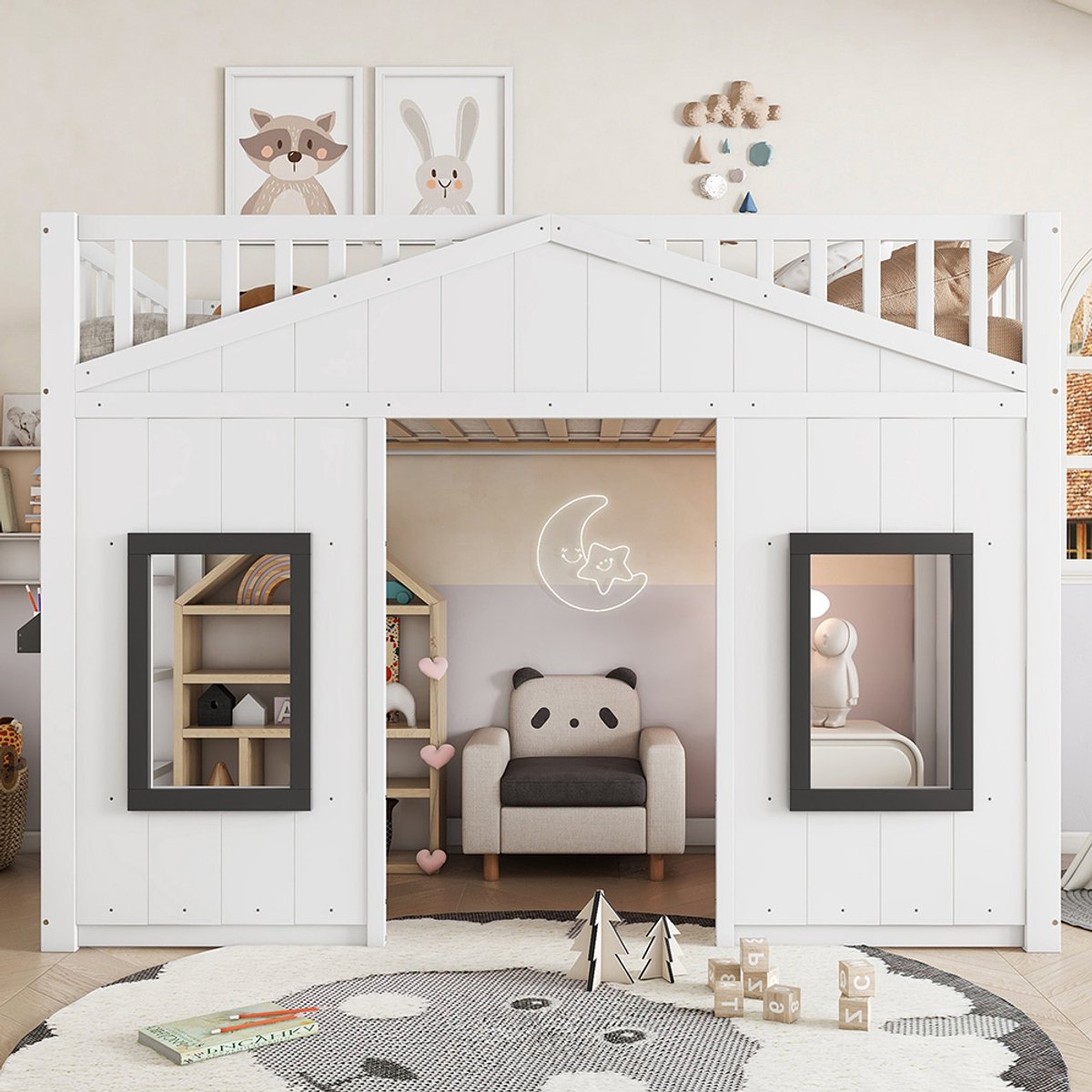 Pugsdrly Stapelbed, huisbed, met trap, met valbeveiliging en veiligheidsbeugel, kinderbed met raam, vrijstaand onderbed, grenen frame, grenen + MDF, wit