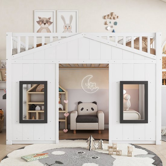 Lit superposé Pugsdrly, lit cabane avec marches, protection antichute et barre de sécurité, lit enfant avec fenêtre, lit gigogne autoportant, structure en pin, pin et MDF, blanc