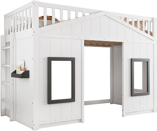 Lit superposé Pugsdrly, lit cabane avec marches, protection antichute et barre de sécurité, lit enfant avec fenêtre, lit gigogne autoportant, structure en pin, pin et MDF, blanc