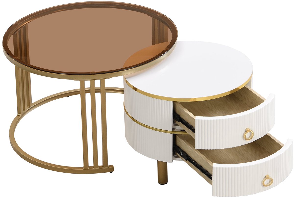 Merax 2-in-1 Ronde Salontafel Set van MDF met 1 Witte en 1 Bruine Geharde Glazen Blad - Salontafelcombinatie met 2 Lades - 70x70x45 + 50x50x40 cm