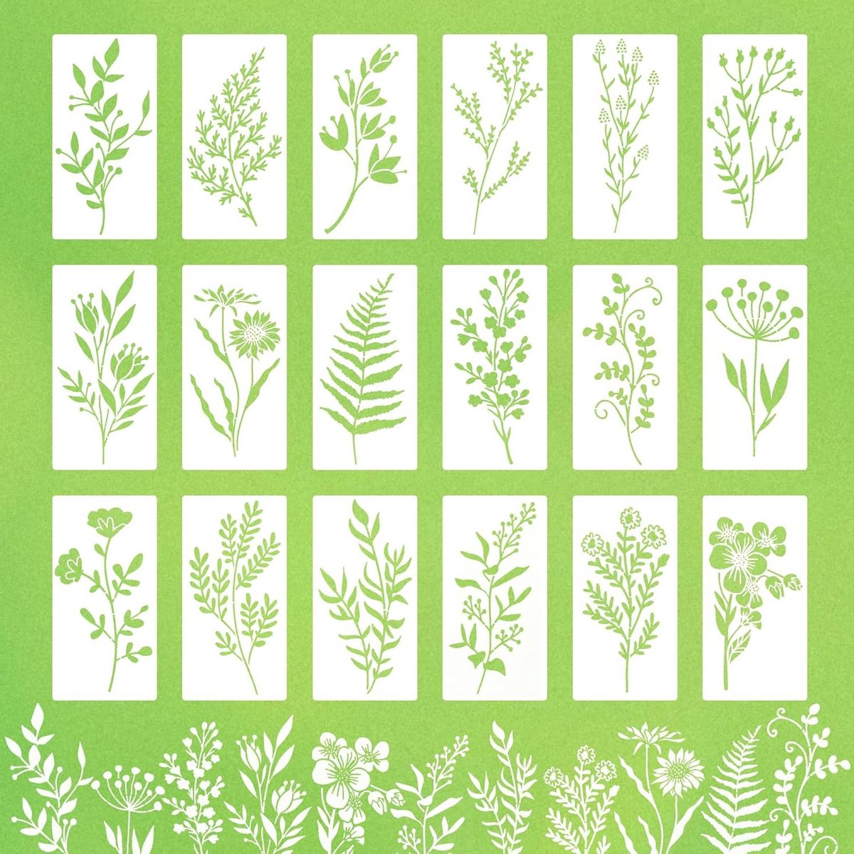 Inovra Plus - Herbruikbare sjablonen voor wilde bloemen - Decoratieve sjablonen voor kunststof wanden - Voor hout, schilderen, muurdecoratie - 18 stuks - 15 x 8 cm