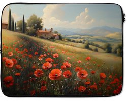 Laptophoes 15.6 inch - Klaprozen - Rood - Heuvels - Landschap - Laptop sleeve - Binnenmaat 37x26 cm - Zwarte achterkant