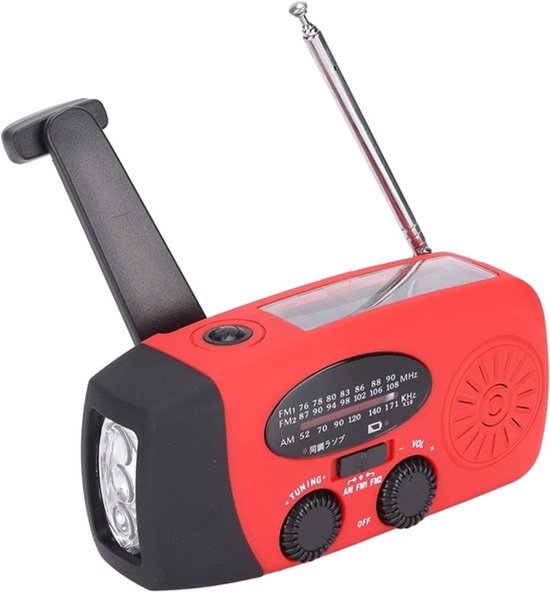 Noodradio - Noodradio Opwindbaar - 2000 mAh - Radio Met Accu Batterij Voor Noodsituaties - Noodpakket - Opwindbaar - Solar - Zaklamp - Powerbank - Noodradio Op Batterijen - Rood - Voor Rampen/Camping - Draagbare