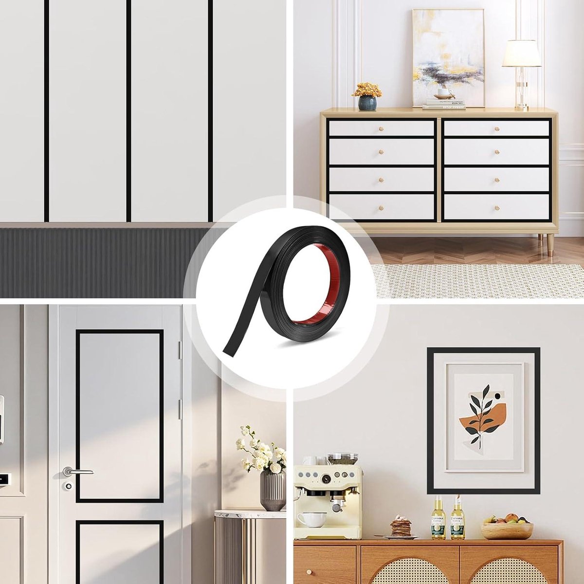 Zelfklevende sierstrip voor muur & meubels - 6m x 40mm decoratieve strip met 5 reinigingsdoeken - Ideaal voor spiegellijsten, kasten & woonruimte-inrichting