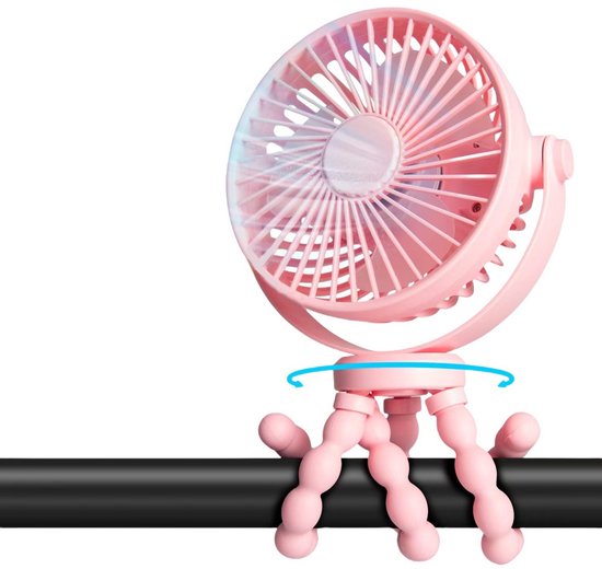 Draagbare handventilator roze met klem, 3 snelheden, oplaadbaar 5000mAh, 360° verstelbaar, mini fan voor kinderwagen, bureau, reizen