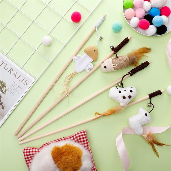 Lot De 12 Jouets Interactifs Pour Chat - 2 Cannes à Pêche Rétractables + 10 Jouets à Plumes Avec Clochettes - Stimule L'instinct De Chasse